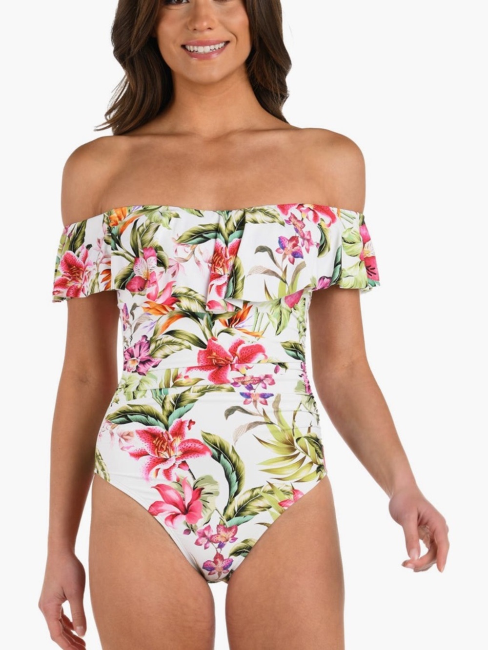 La Blanca White Floral Off-Shoulder One-Piece Swimsuit